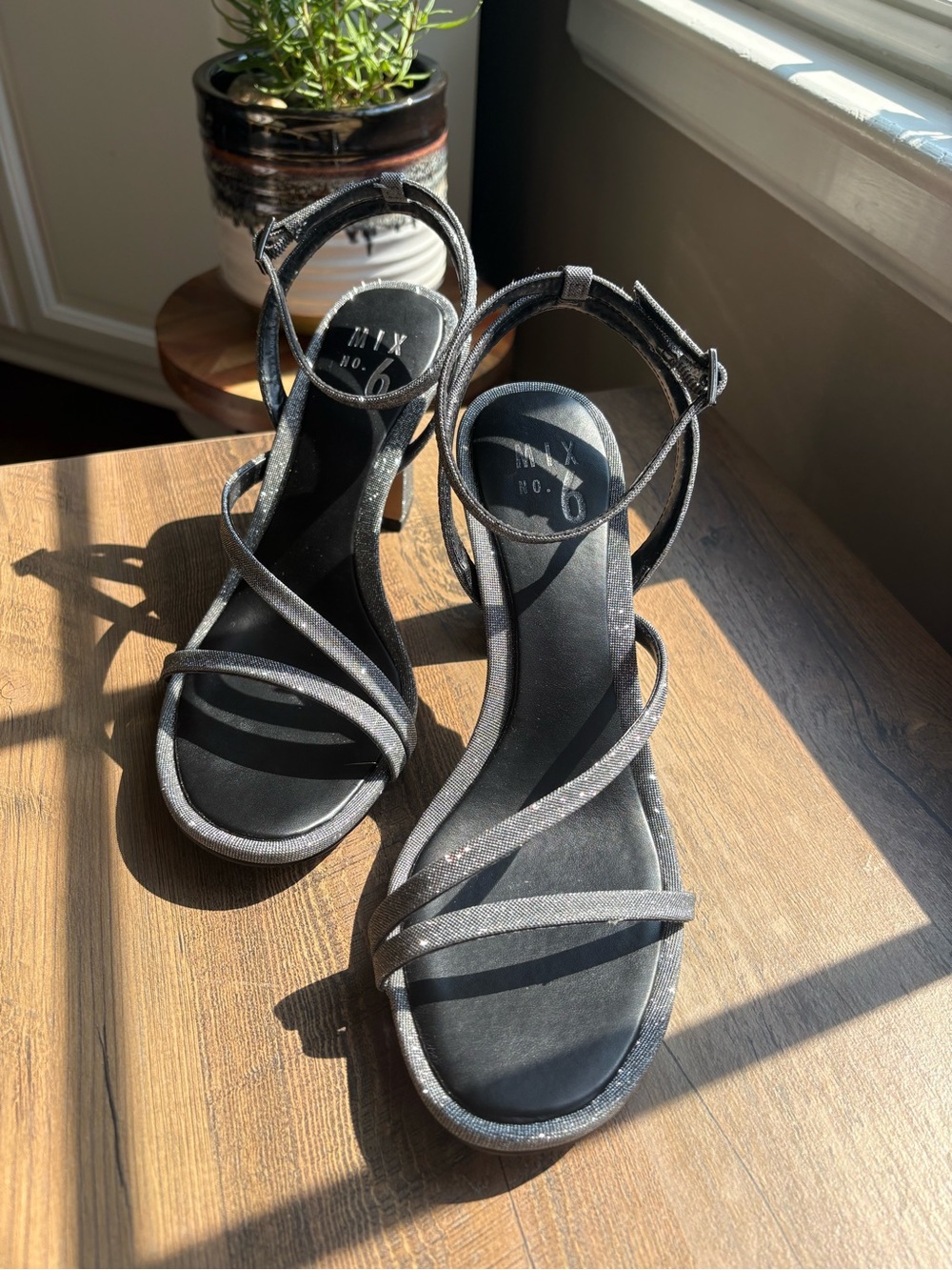 Mix No. 6 Silver tone/Gun Metal Glitter Strappy Ankle-Heel formal wear heels